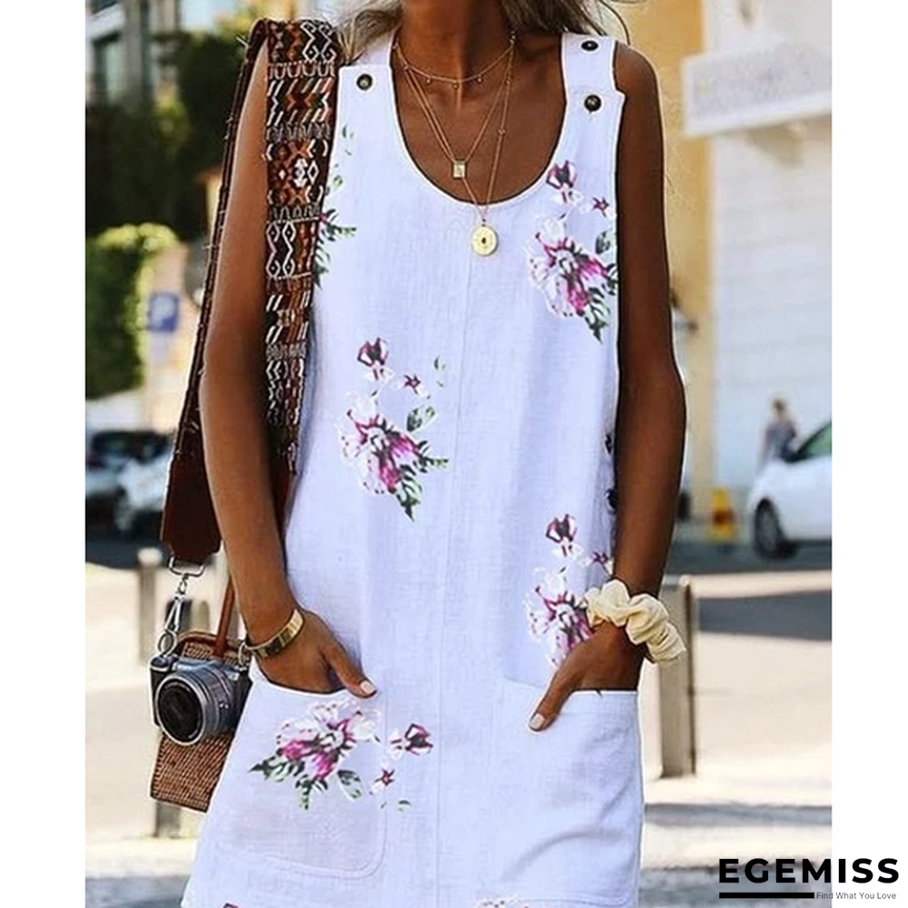 Large Size Women's Dress Floral Print Round Neck Sleeveless Double Pocket Dresses White Dresses | EGEMISS