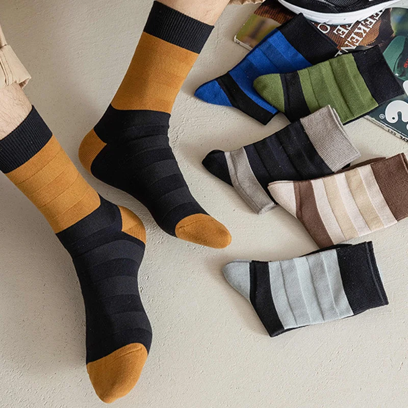 Versatile Color-Blocked Double-Needle Men's Cotton Mid-Calf Socks (5 Pairs)