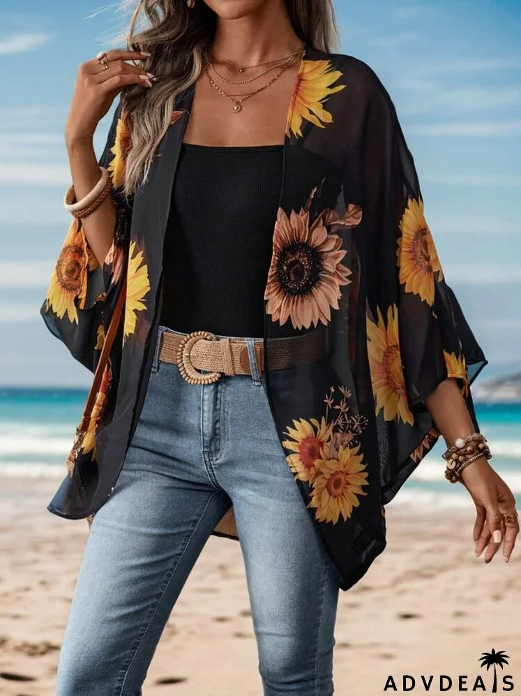 Women's Summer Holiday Casual Solid Color Sunflower Printed Kimono Cover Up