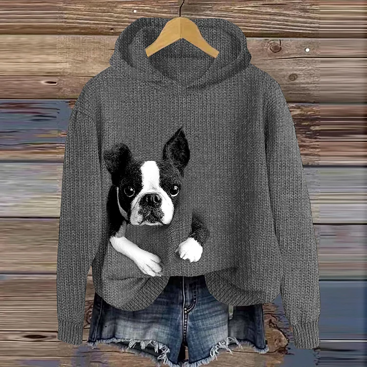 VChics Cute Boston Terrier Lazy Puppy Applique Wool Felt Art Cozy Hooded Sweater