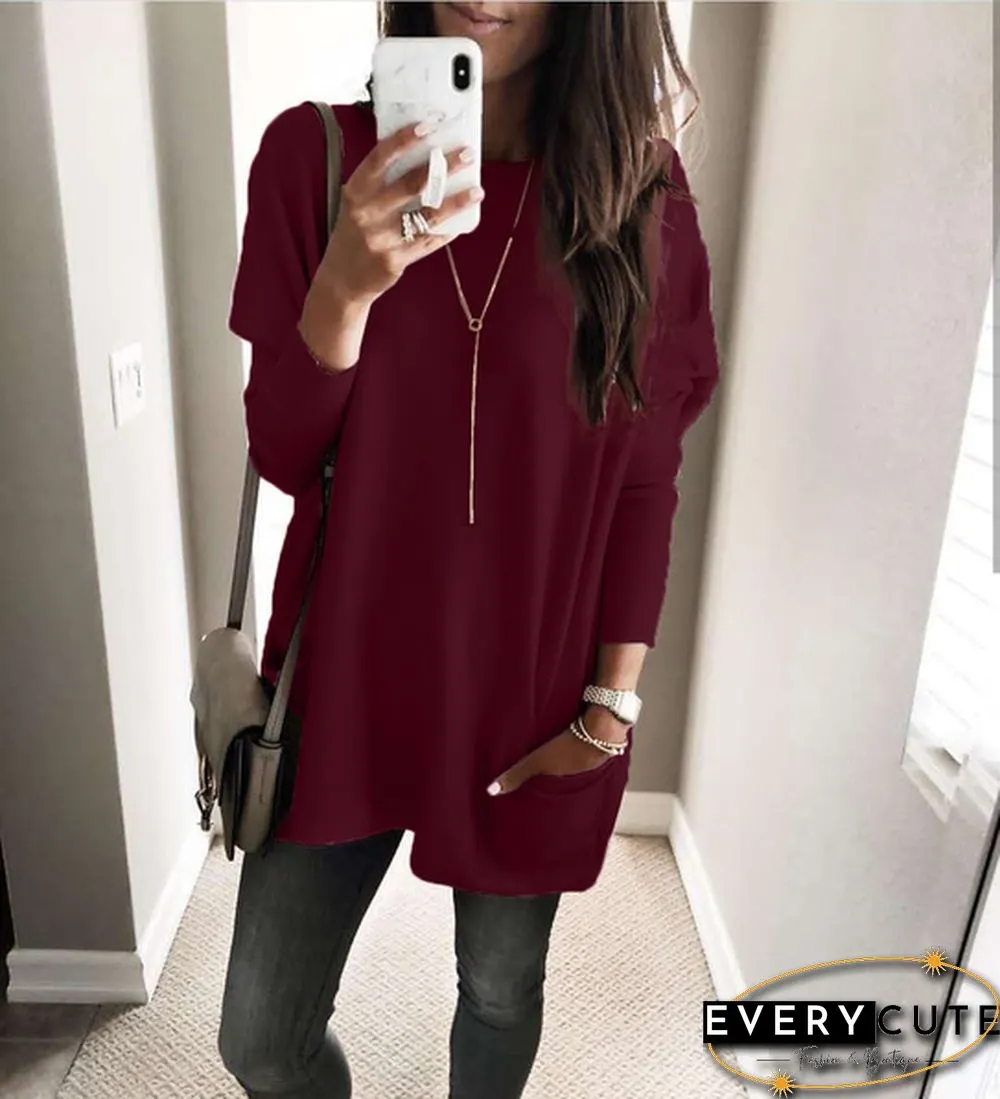 Plus Size Womens Autumn & Winter Casual Top Loose Pocket T-Shirt Long Sleeve Bat Blouse