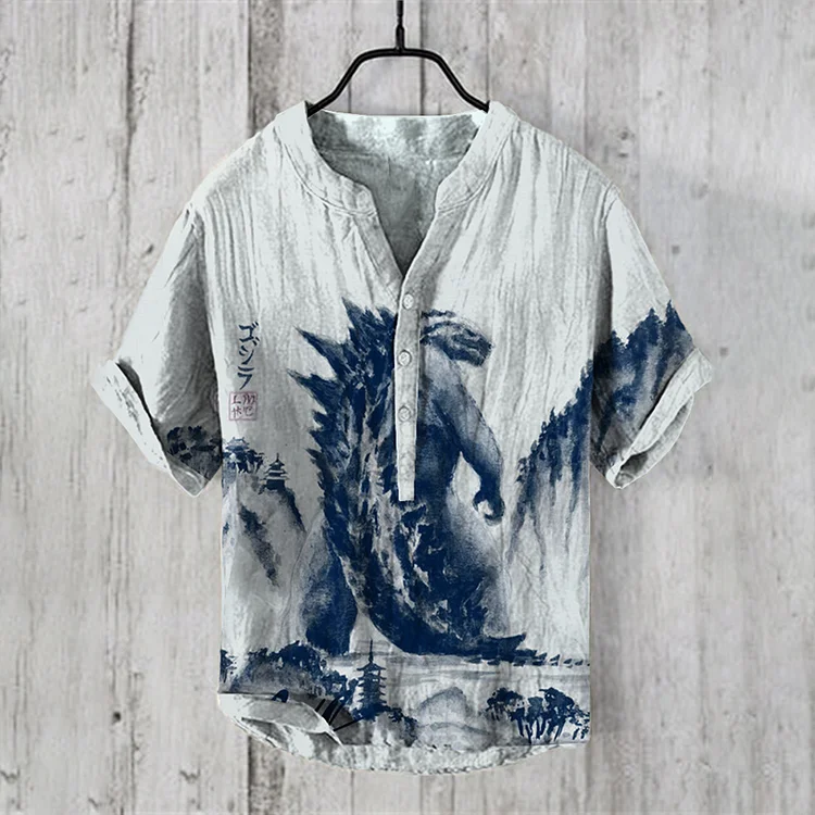 Retro Japanese Godzilla Art Linen Blend Shirt