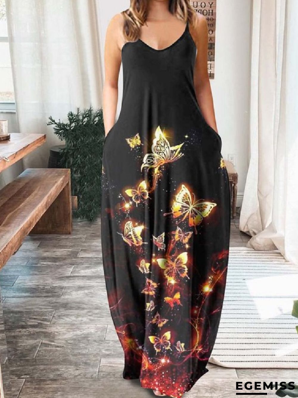 Butterfly Neck Sleeveless Strap Long Dress Black Dresses | EGEMISS