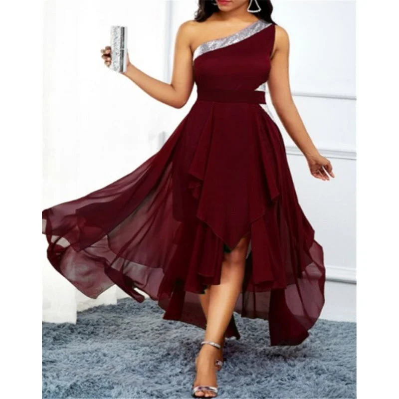 Brownm Lady One-shoulder Asymmetric Hem Fashion Dress