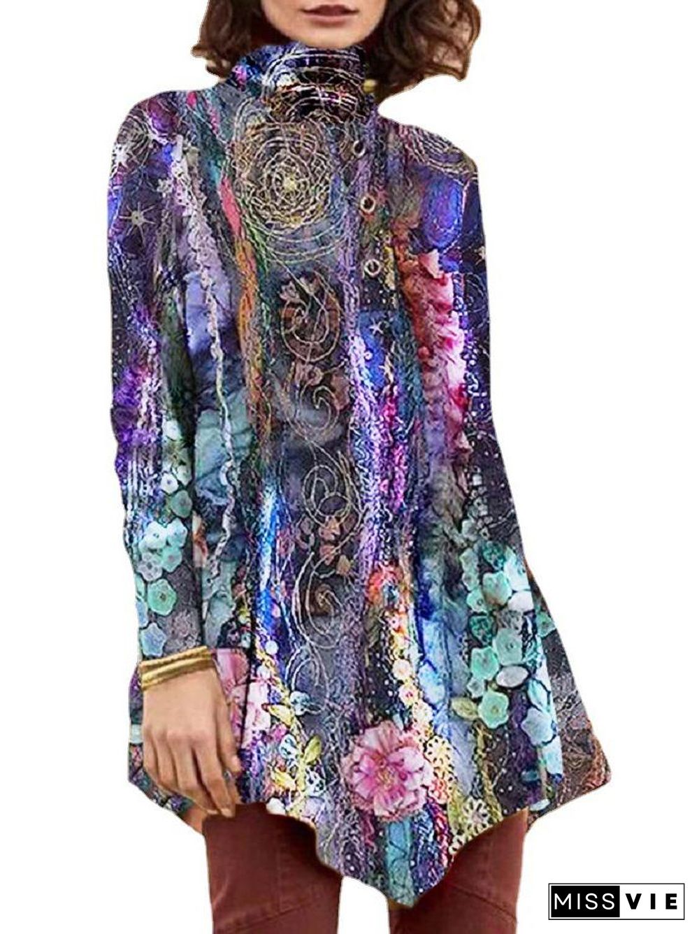 Ladies'Turtle Neck Long Sleeve Floral Printed Colorblock TOP