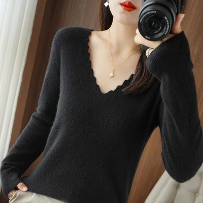 Churchf Churchf Collar Long Sleeve Fleece Sweater Female Loose New Set Lace Sweater Foreign Style Reduce Age Korean Version Of Hot Style Bottom Shirt