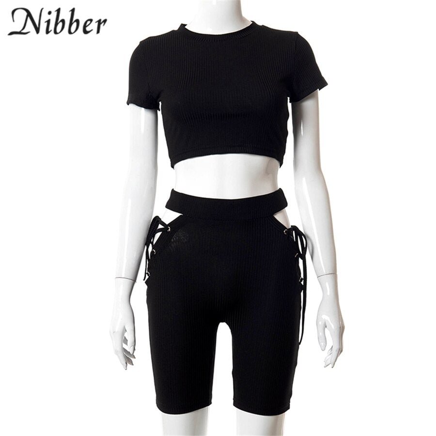 Nibber Basic sweet Rib Knit Tops Hollow Shorts 2 two Pieces Set for women street casual tee shirt shorts Activity suits mujer