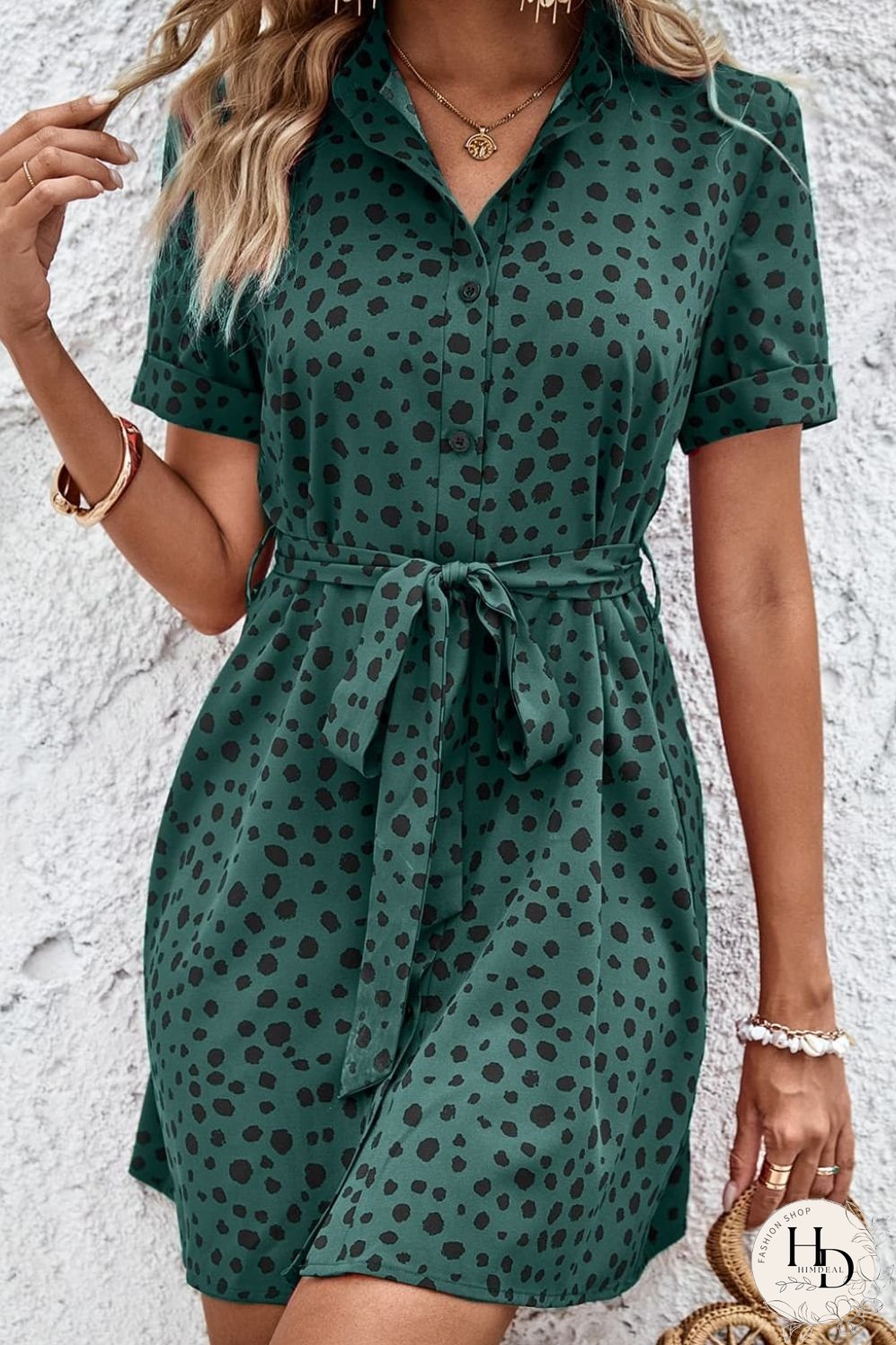 Dotted Short Sleeve Tie Belt Dress