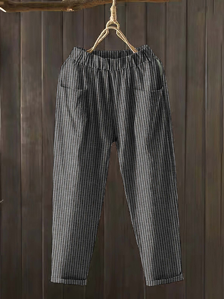 Comstylish Women&lsquo;s Stripes Pocket Elastic Waist Linen Blend Comfy Pants