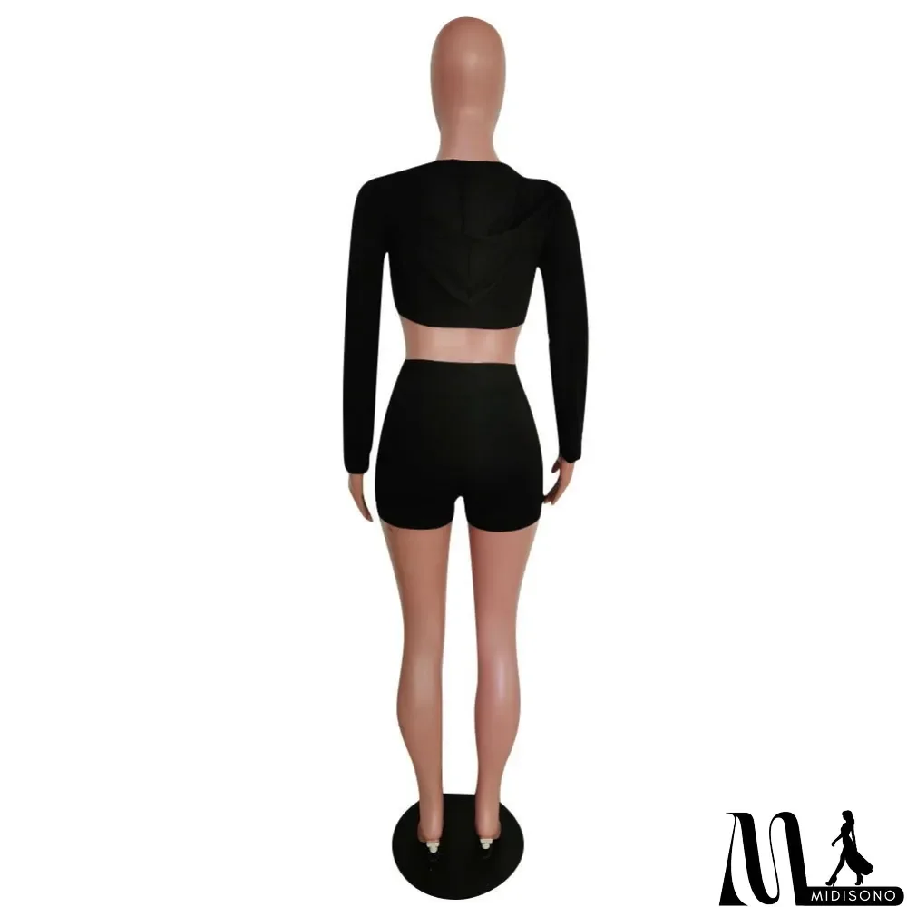 MidiSono - Sports Hoody Zipper Crop Top and Shorts Set