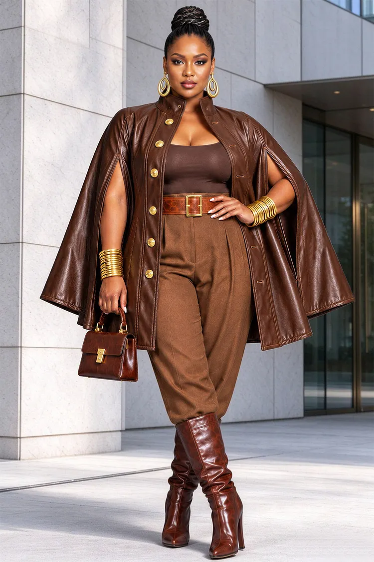Xpluswear Design Plus Size Business Casual Brown Stand-Up Collar Button Split PU Leather Jacket [Pre-Order] 2024 - Xpluswear