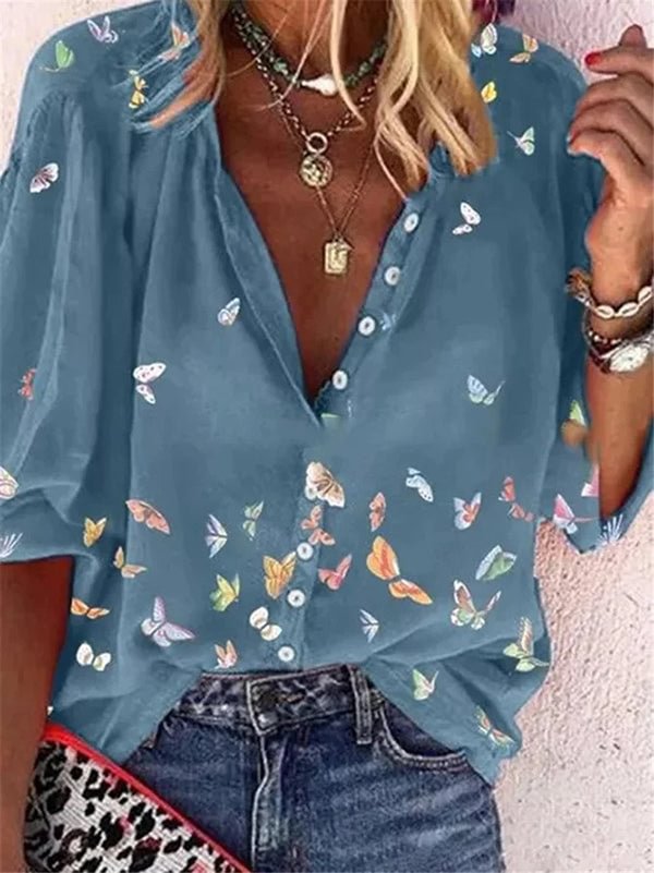 Women Colorful Butterfly Print Chiffon Long Sleeve Shirt