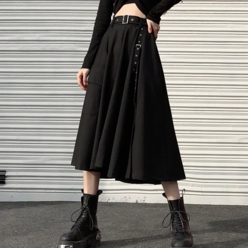 Zoki Punk Women Midi Skirt Summer Black Fashion Split High Waist Belt A Line Dark Academic Gothic Long Skirt Streetwear Faldas