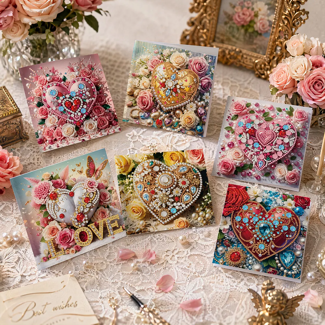 6pcs Dreamy Heart DIY Diamond Painting Greeting Card Kits with Envelopes Diamond Art Greeting Cards Diamond Art Cards Kits for Adults DIY Crafts Family Friend Gifts