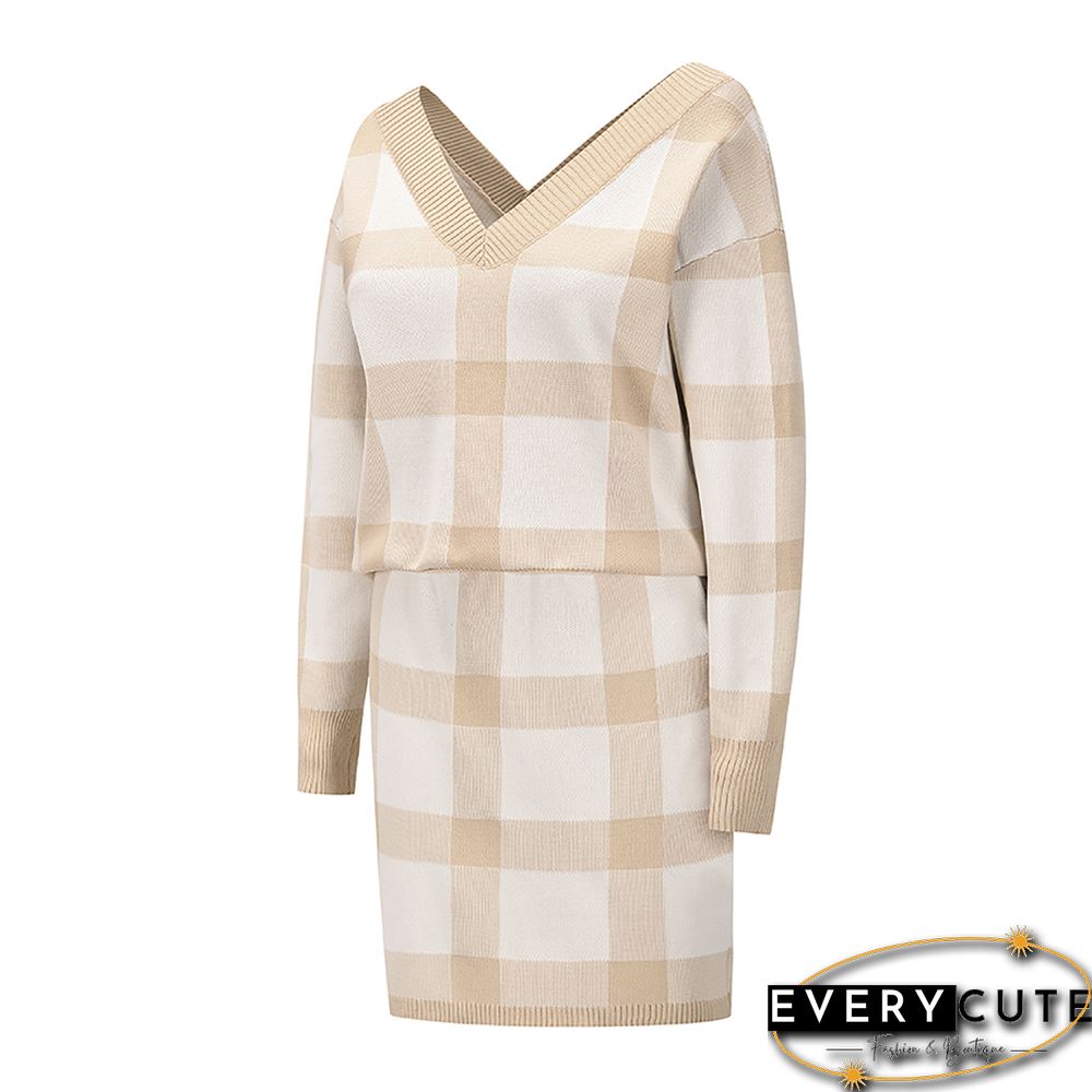 Khaki Plaid Print Long Sleeve Sweater Skirt Set