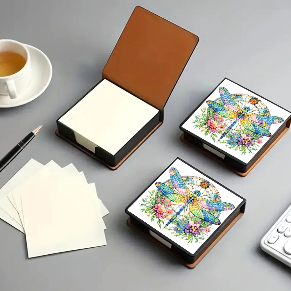 DIY Flower Dragonfly Leather Diamond Art Note Box with 160 Sheets of Paper for Beginners