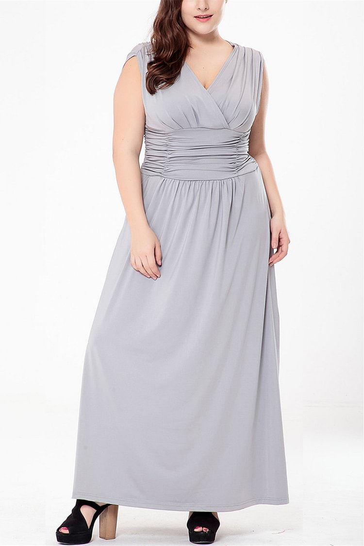 Plus Size Casual Grey V Neck Runched Waist Tunic Sleeveless Maxi Dress  flycurvy [product_label]