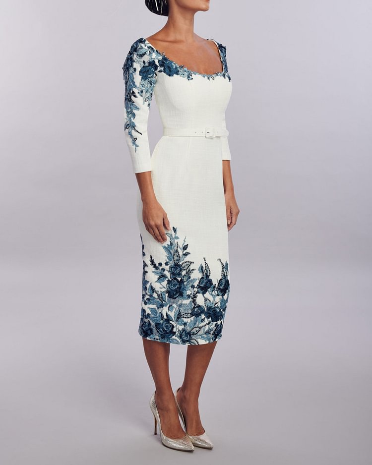 Floral Pencil Dress With Sleeves And Contrast Lace