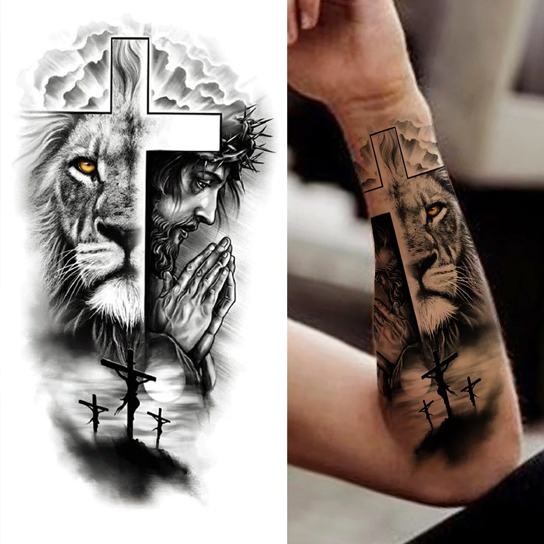 Lion King Crown Temporary Tattoos For Women Men Adult Black Tiger Forest Skull Tattoo Sticker Fake Skeleton Fashion Tatoo Flower