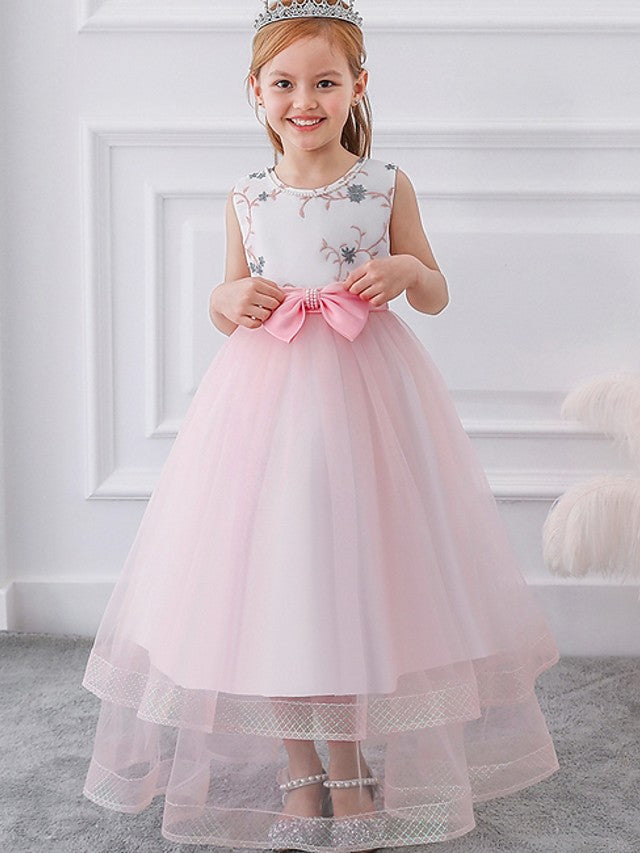 Oknass  Ball Gown Sleeveless Jewel Neck Flower Girl Dresses Tulle With Sash Ribbon Bow Appliques