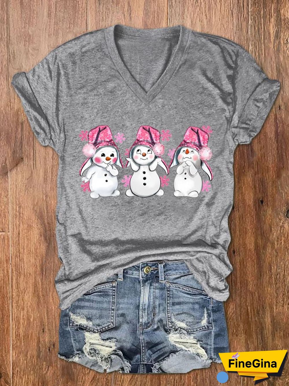 Women's Pink Christmas Snowman Print V-Neck T-Shirt