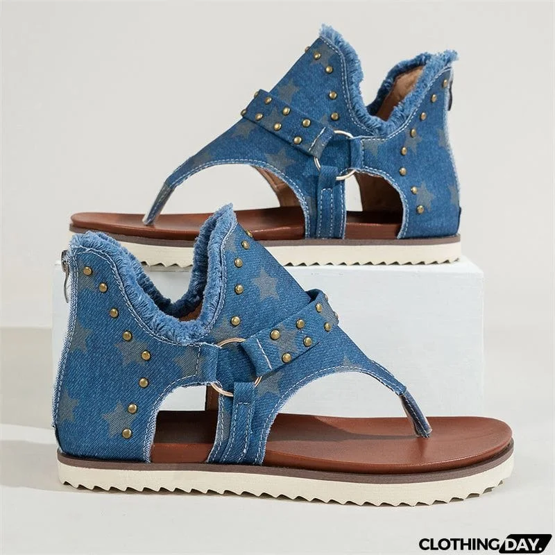 Trendy Metal Rivets Flat Zipper Roman Sandals for Lady