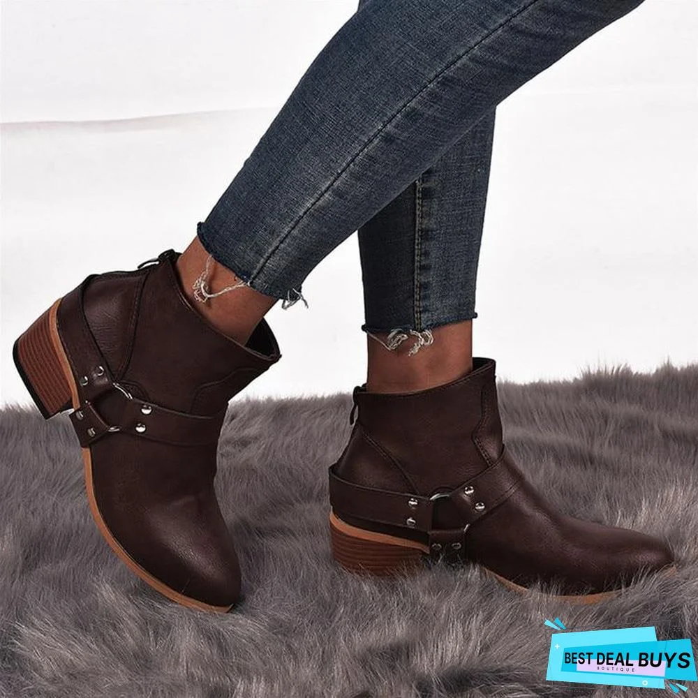 Women Boots Vintage Leather High Heels Shoes Bota Woman Autumn Short Boot Winter Buckle Daily Ankle Boots