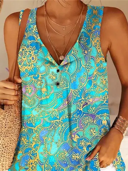 Women's Green Sleeveless V-Neck Graphic Printed Top