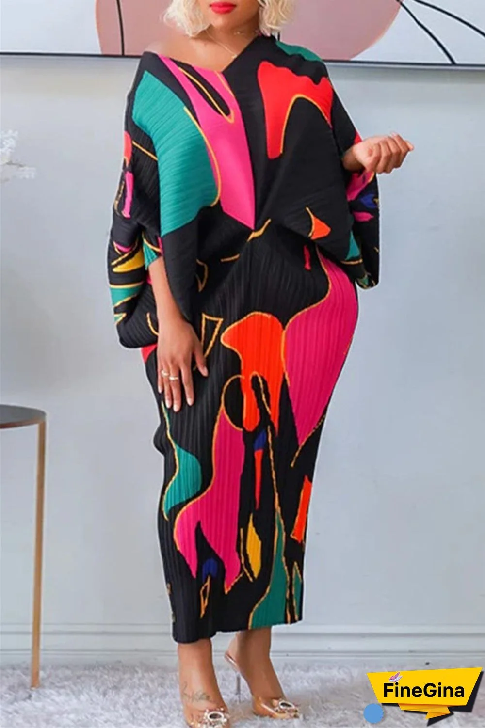 Pink Purple Casual Print Patchwork V Neck Pencil Skirt Plus Size Dresses