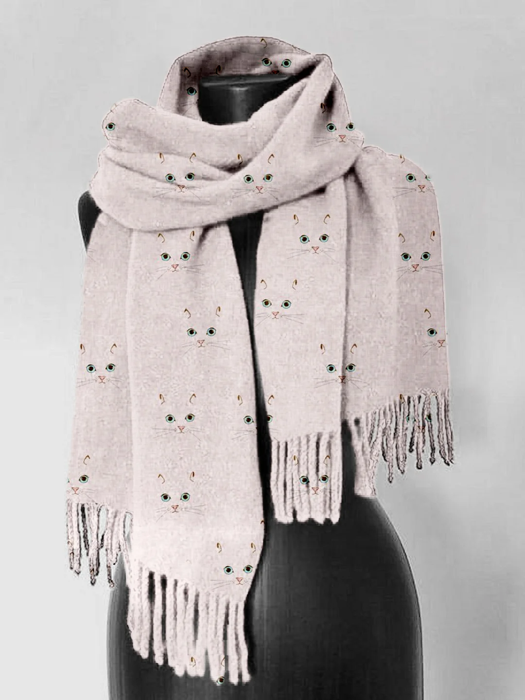 Cute Cat Face Pattern Cozy Tassel Scarf