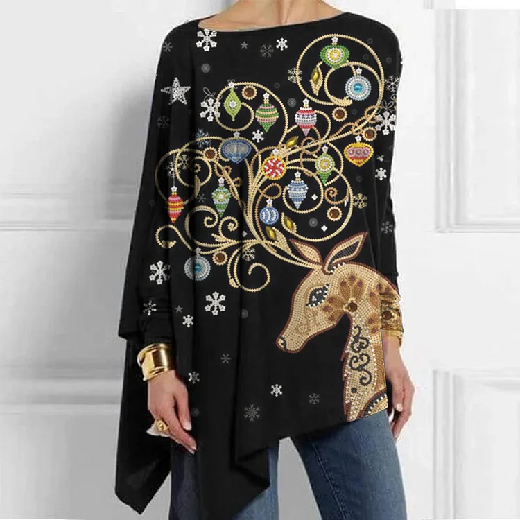 Deer Graphic Printed Printed Mid-Length Irregular Women's Tops