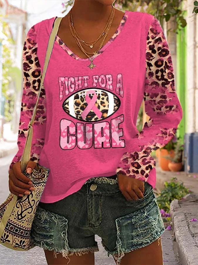 Women&#039;s Breast Cancer Leopard Long Sleeve V Neck T-Shirt