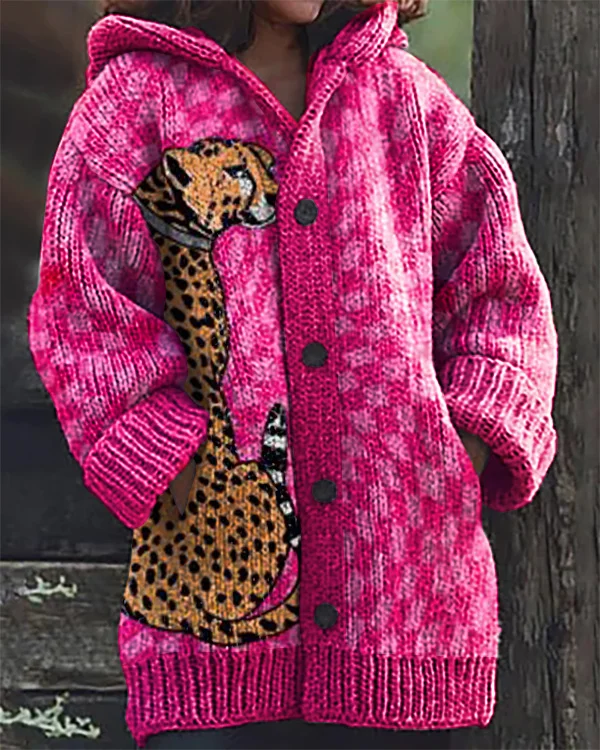 Vintage Pink Leopard Check Hooded Cardigan