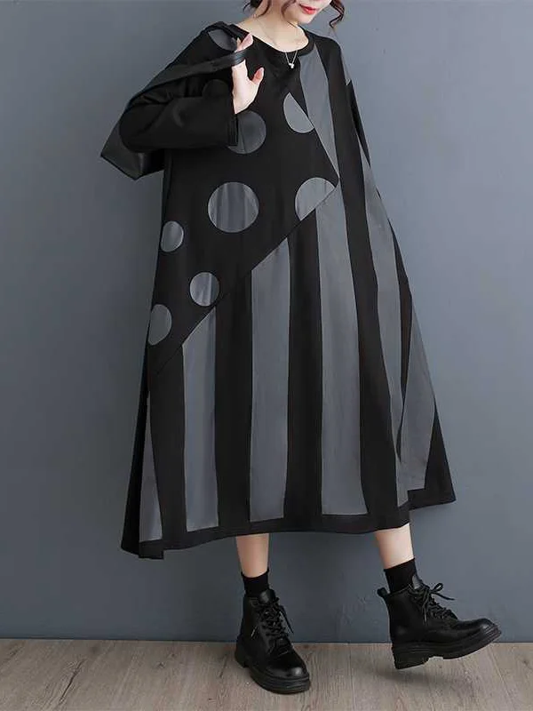 A-Line Long Sleeves Asymmetric Polka-Dot Split-Joint Striped Round-Neck Midi Dresses