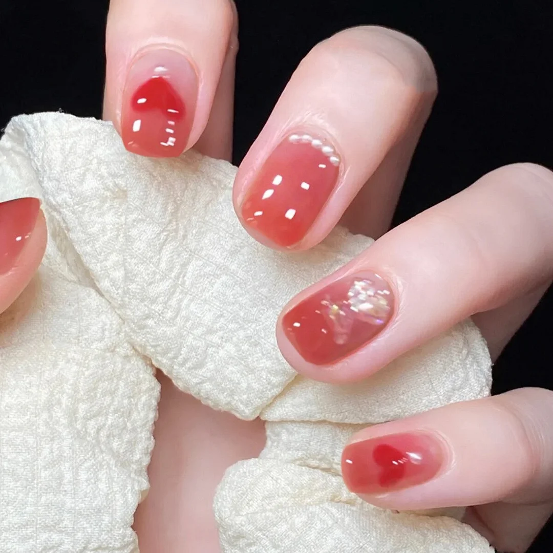 24pcs Pink Smudges False Nails Patch Glue Type Removable Short Paragraph Manicure Nail patch Finished Printing Fake Nails-Nail Inspo