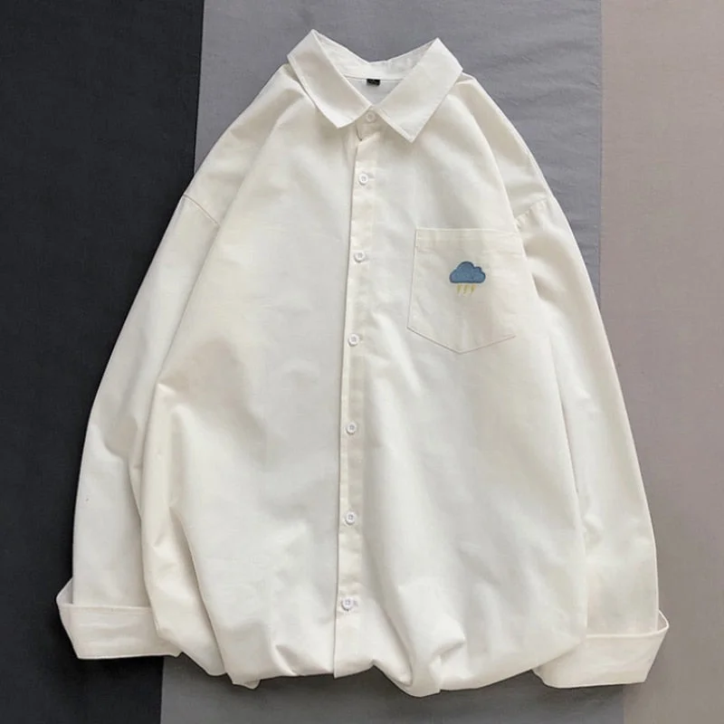 Zoki 100% Cotton Women Shirt Cute Preppy Style Casual Loose Shirts Fashion Embroidery Autumn Button Up Pocket Ladies Tops 2021