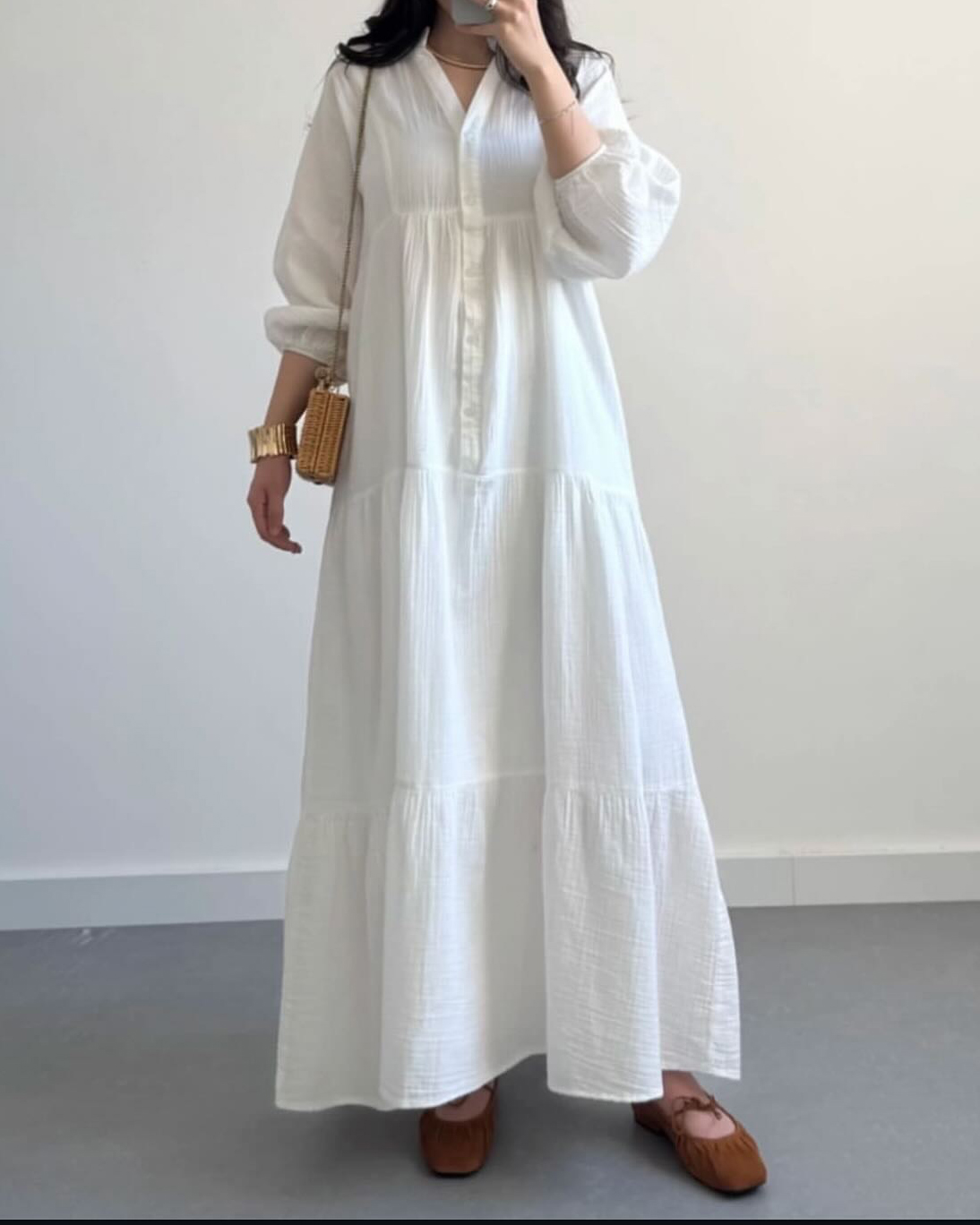 V Neck Half Sleeve Solid Color Single Breasted Oversize Maxi Dress