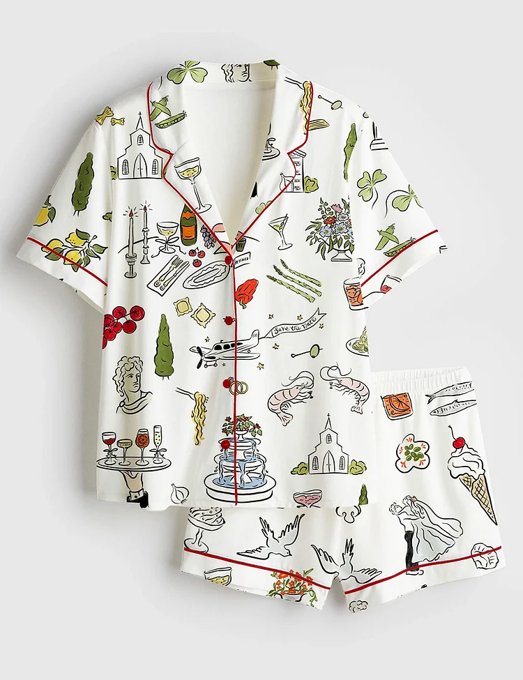 Women&rsquo;s Whimsical Hand Drawn Tuscany Dolce Vita Wedding Print Short Sleeve Satin Pajama Set