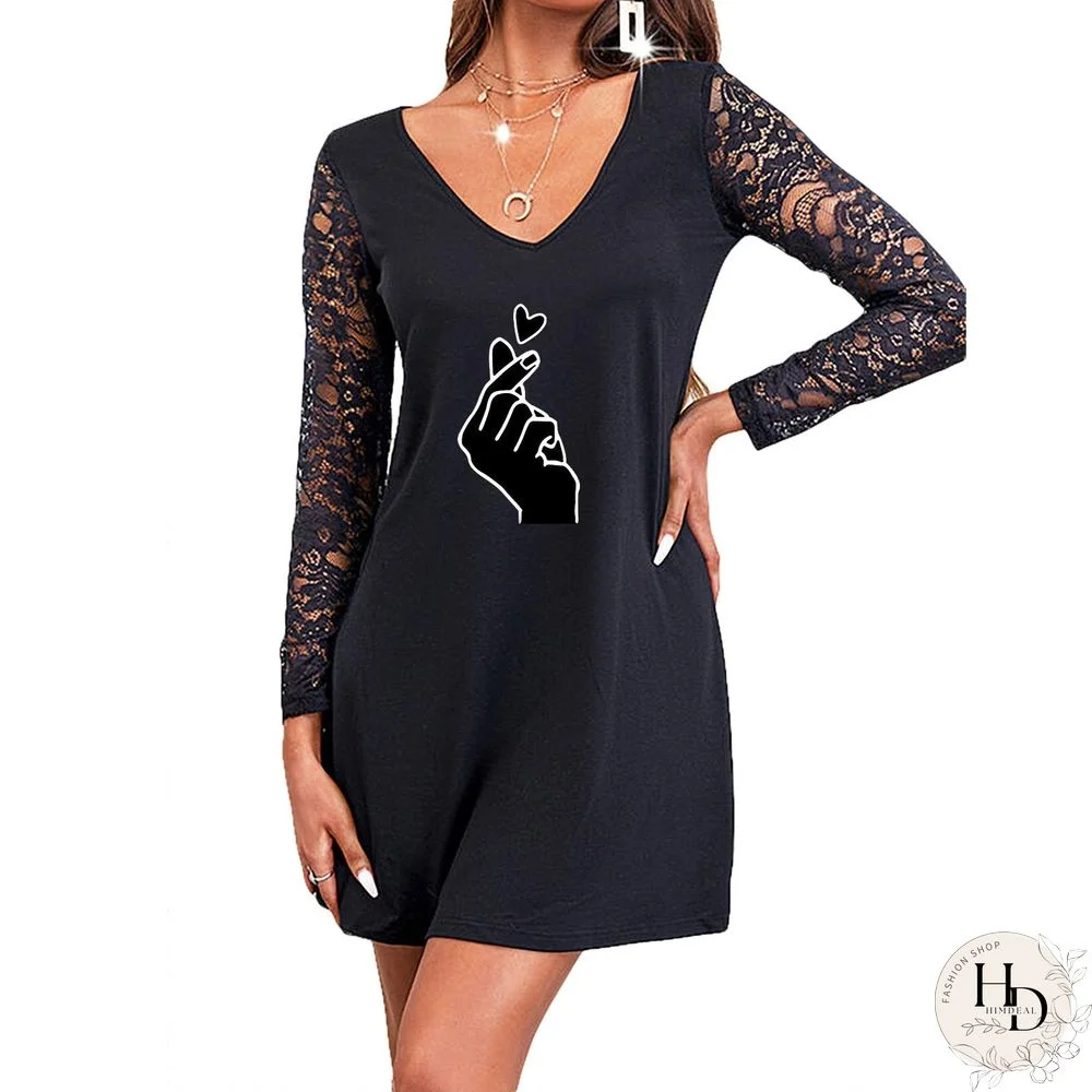 V Neck Three Heart Lace Sleeve Shift Dress