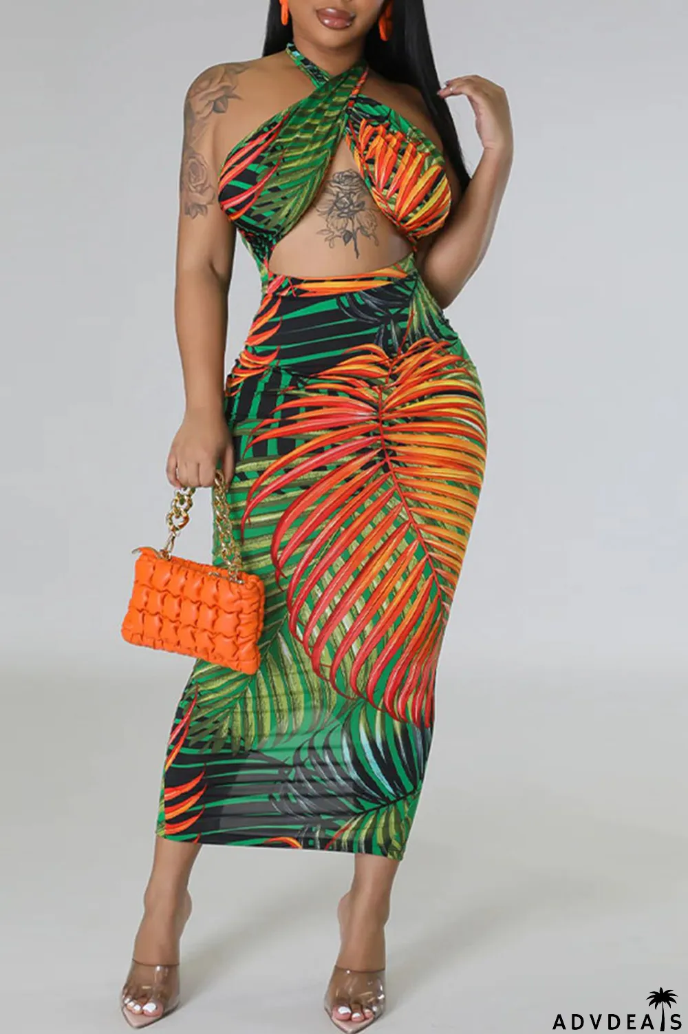 Green Sexy Print Bandage Patchwork Backless Halter Pencil Skirt Dresses
