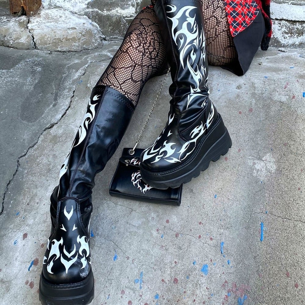 BONJOMARISA 2021 Band Goth Platform Wedges Punk Chunky Mid Calf Boots Women Thick Heel Autumn Trendy Cosplay Casual Shoes Women