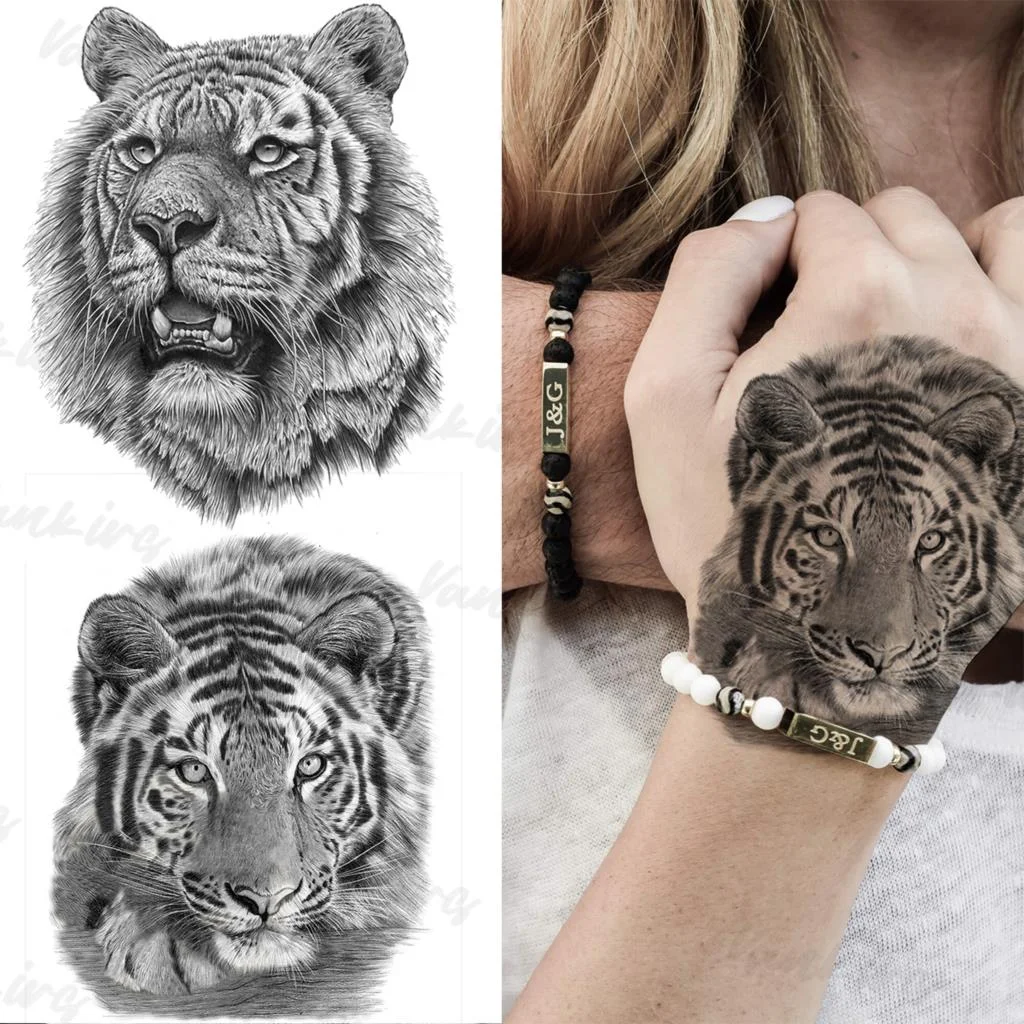 Sdrawing Lion Knight Temporary Tattoos For Men Adults Realistic Tiger Skeleton Fake Tattoo Sticker Arm Water Transfer Tatoos 3D