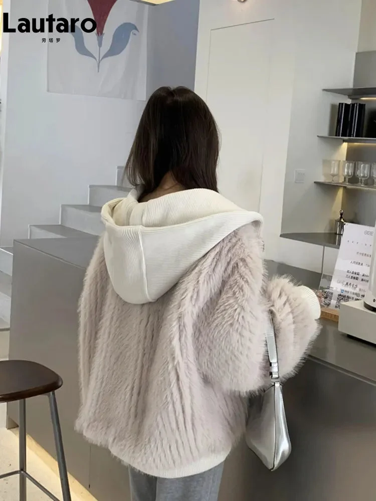 Huiketi Autumn Winter Loose Casual Hairy Shaggy Soft Warm Faux Fur Coat Women with Hood Long Sleeve Zipper Korean Fashion 2023