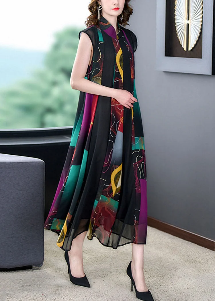 Stylish Colorblock Stand Collar Print Wrinkled Patchwork Chiffon Dress Summer