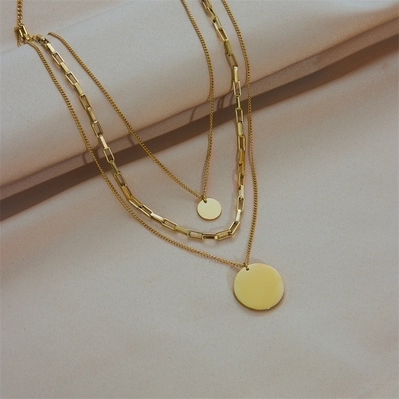 Stainless Steel 18K Gold Plated Retro Punk Layered Plating Round No Inlaid Layered Necklaces