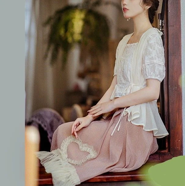 Cottagcore Short-Sleeve Lace Blouse / Ruffle Trim Midi Skirt YP2402