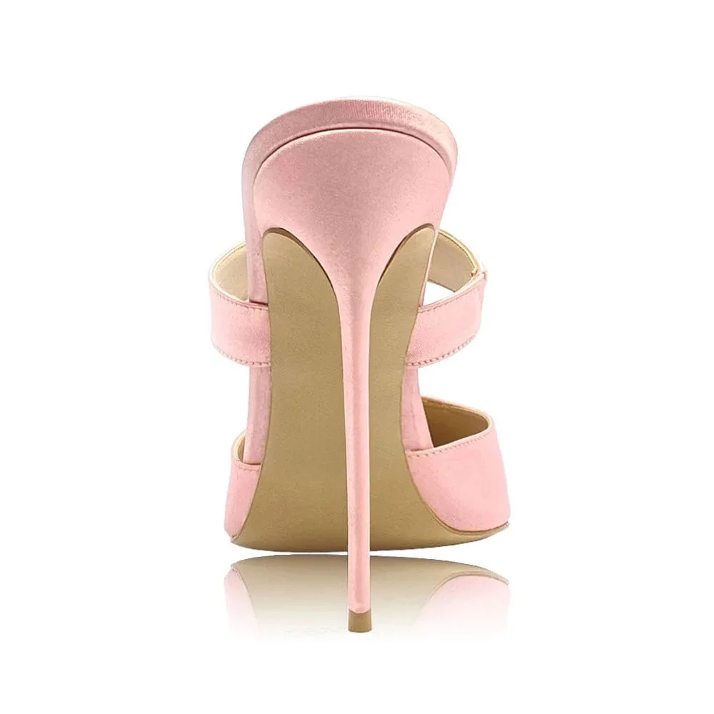 Women's Slip On Stiletto Heels Pink Strap Pointy Toe Mules Shoes