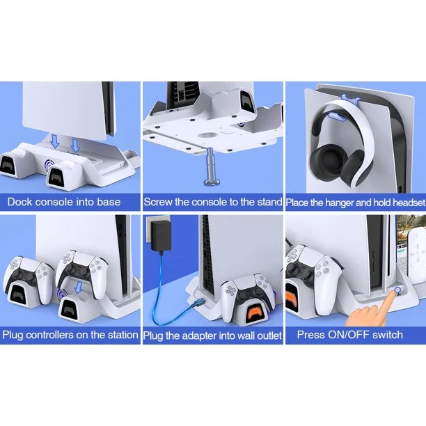 Dinofire PS5 Stand Cooling Fan with AC Adapter, Dual Controllers Charger for PS5 Vertical Stand with PS5 Disc & Digital Editions-White