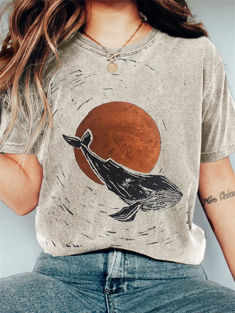 Whale & Sunrise Japanese Lino Art Vintage Washed T Shirt