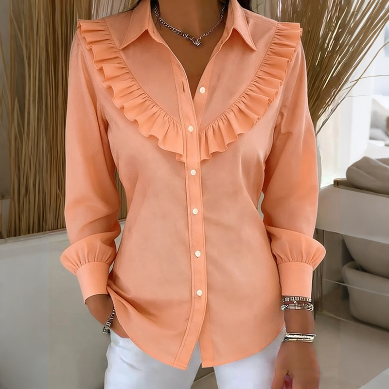 Comstylish Women's Solid Color Ruffle Buttton Blend Loose Shirt